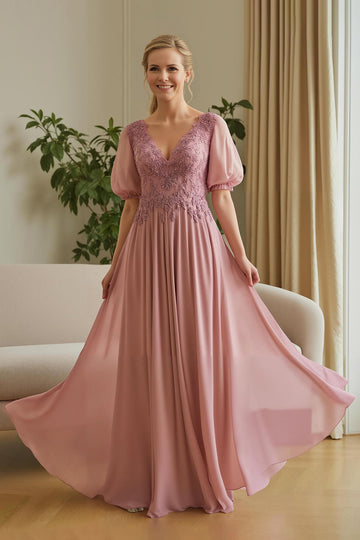 Dusty Rose Mousseline Appliquée Une Ligne Mère De La Mariée Robe Avec Manches Bouffantes